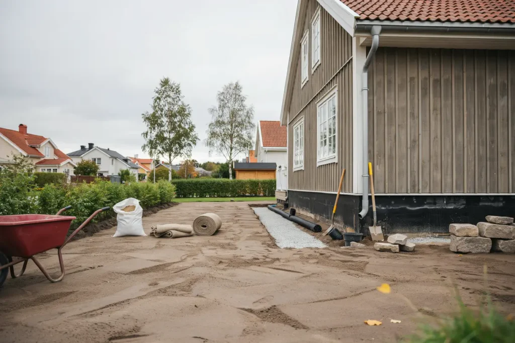 markarbete runt huset s f rebygger du s ttningar leder bort vatten och skyddar grunden